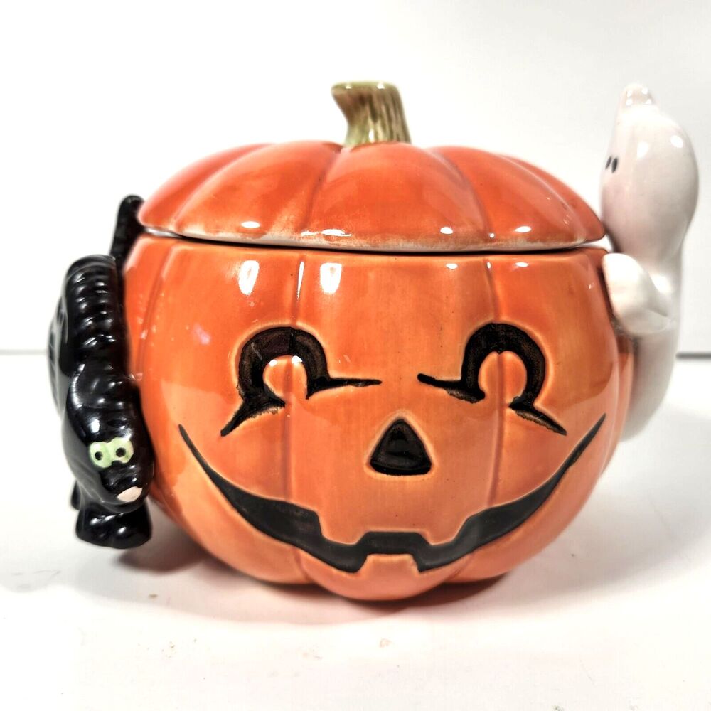Vintage 1987 Fitz Floyd FF Ceramic Pumpkin Candy Jar Ghost Black Cat Halloween
